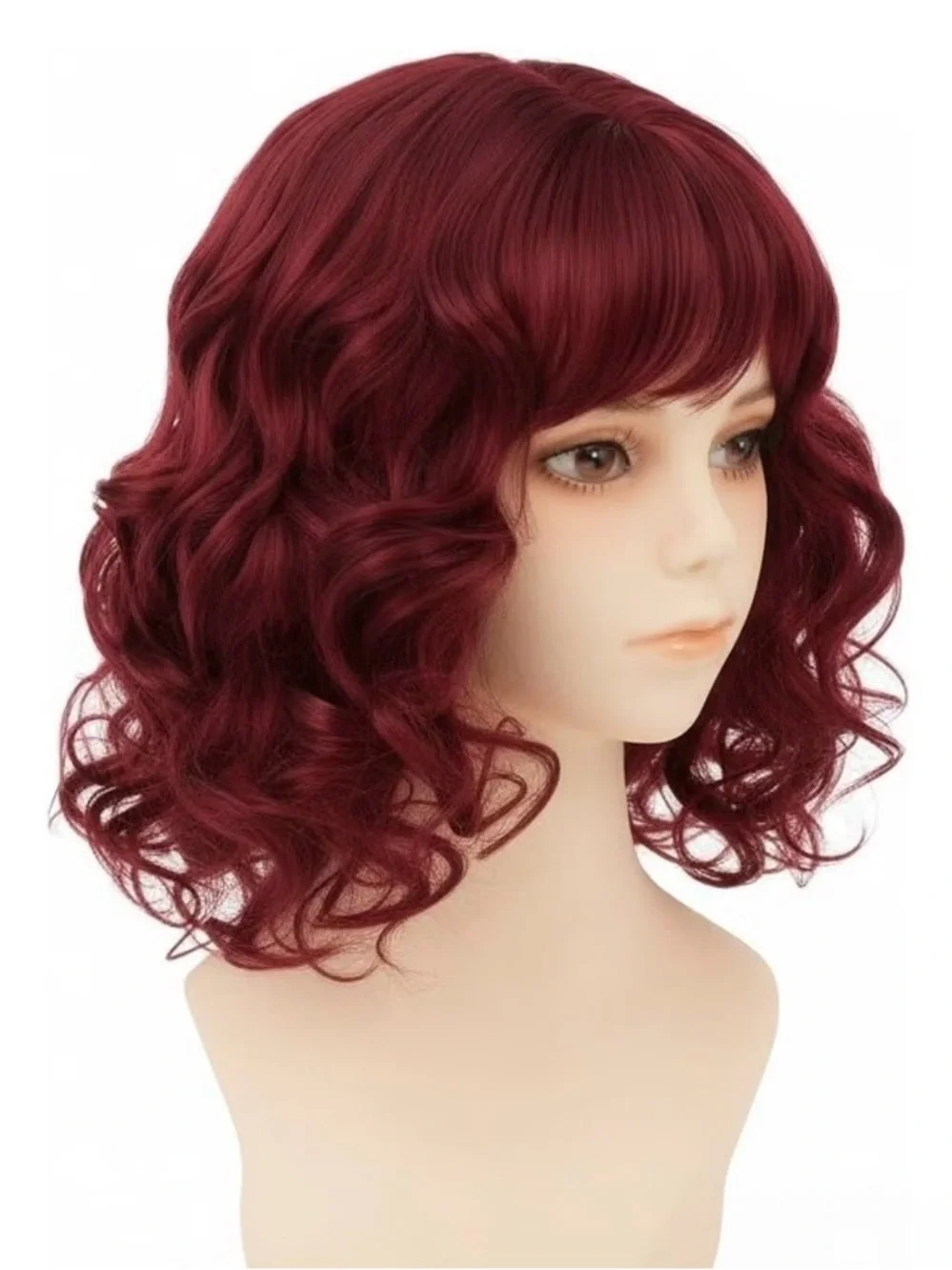 New Burgundy Red Curly Bob Wig Bangs Wavy Synthetic Women’s Costume Cosplay